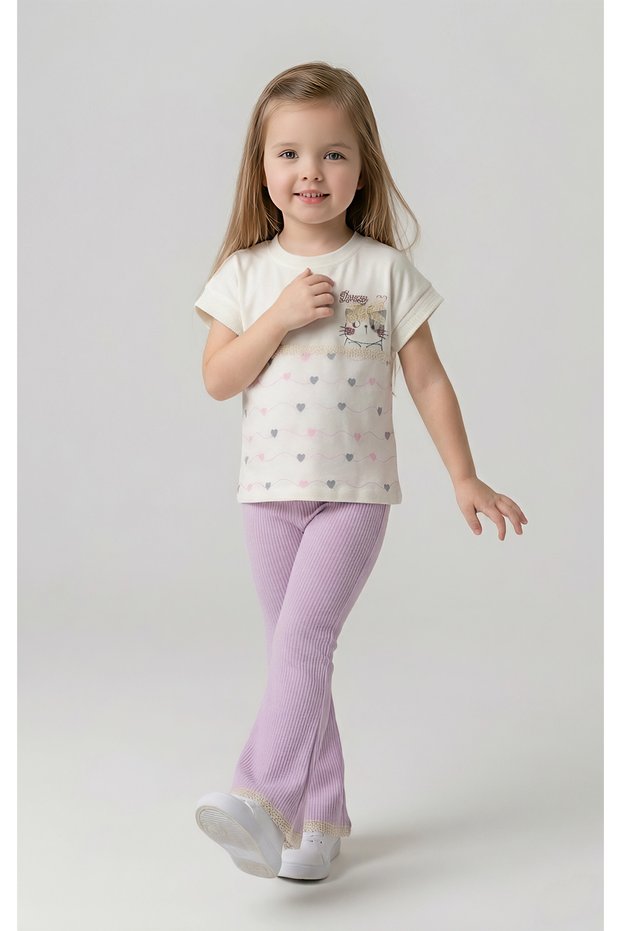 Girl's Cat Printed Short Sleeve Set Single Jersey Combed Cotton T-Shirt Cotton Report Spanish Leggings 2-6 Years Old