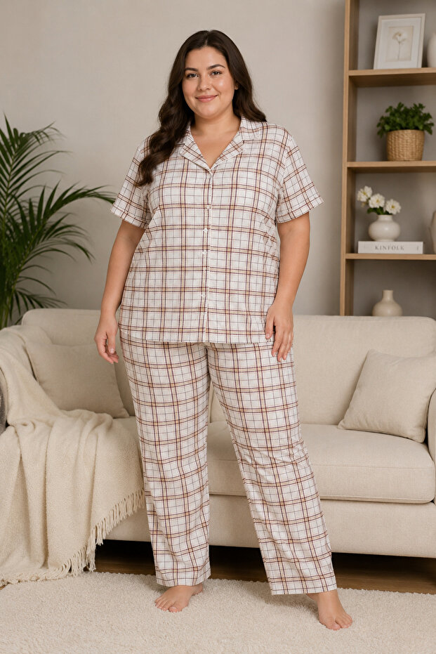 Women's Plus Size Oversized Buttoned Cotton Pajama Set