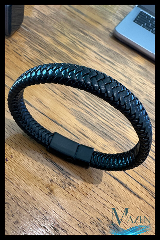 Men's Bracelet Black Braided Design with Magnetic Lock