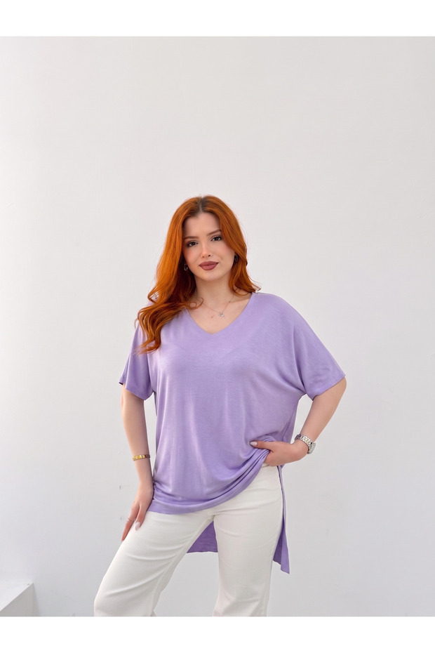 Women's Lilac Laser Cut V-Neck Short Front Long Back T-Shirt Nj161