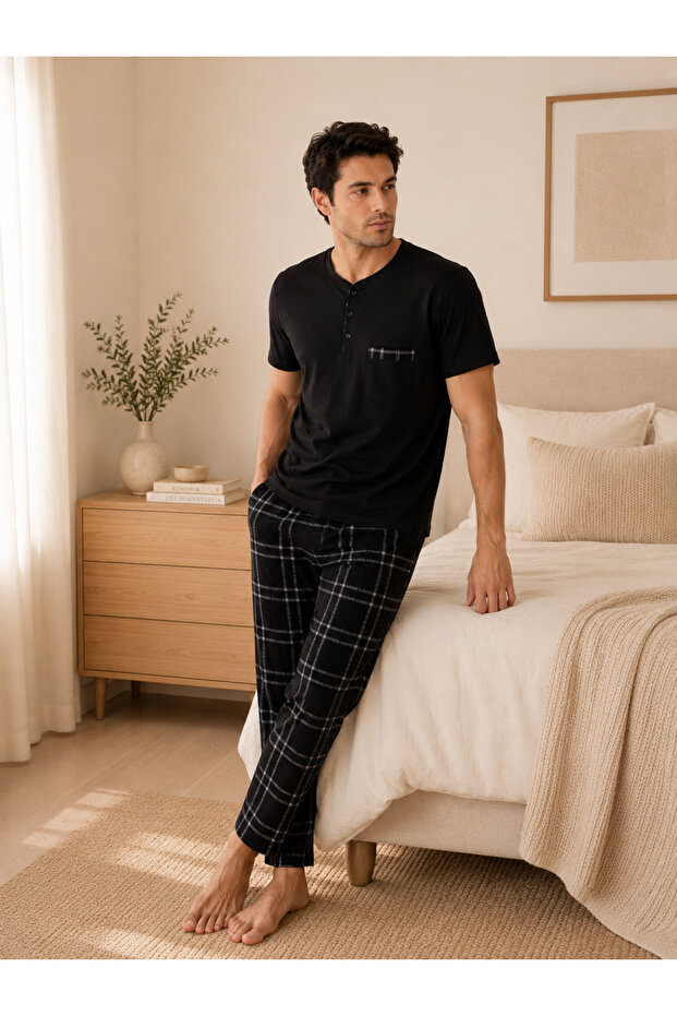 Premium Men's 100% Natural Cotton Plaid High Quality Buttoned Short Sleeve Pajama Set