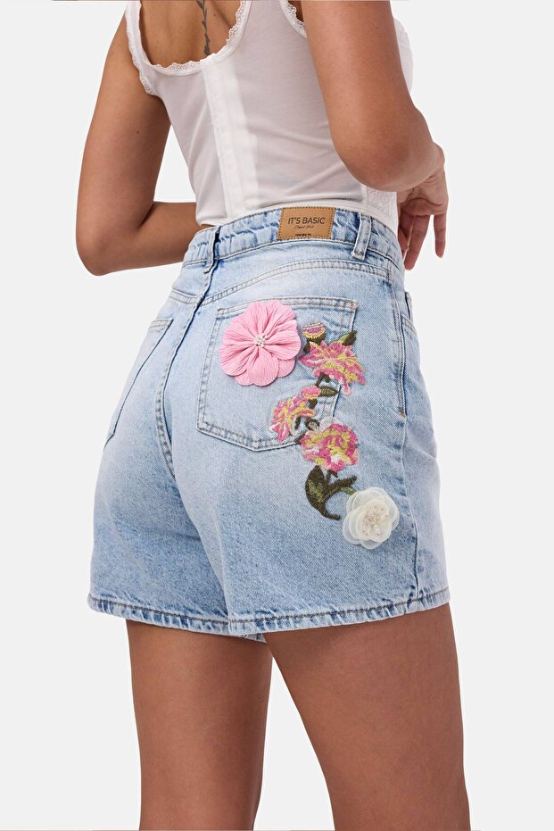 Women's Blue 4S6-3 Mom Relax Special Design Denim Shorts with Rose and Embroidery Detail