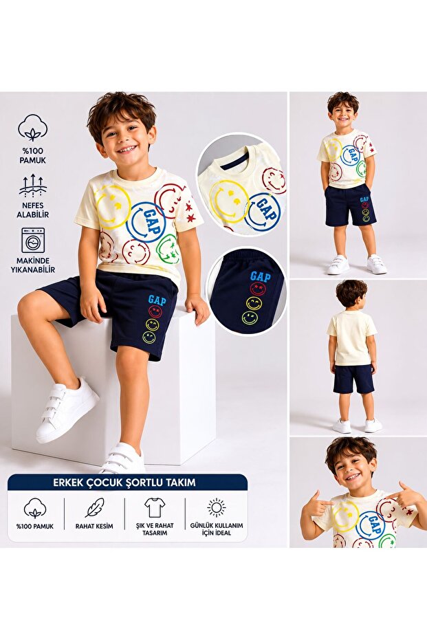 Boys' Colorful Smiley Face Printed Shorts T-Shirt Set Relaxed Fit