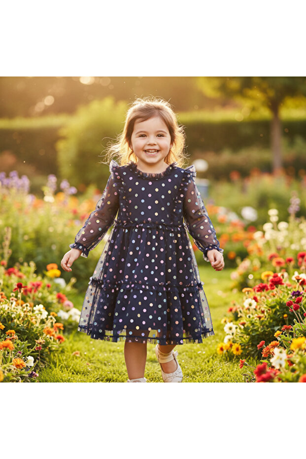 Three Pink Hearts Navy Metallic Polka Dot Tiered Dress
