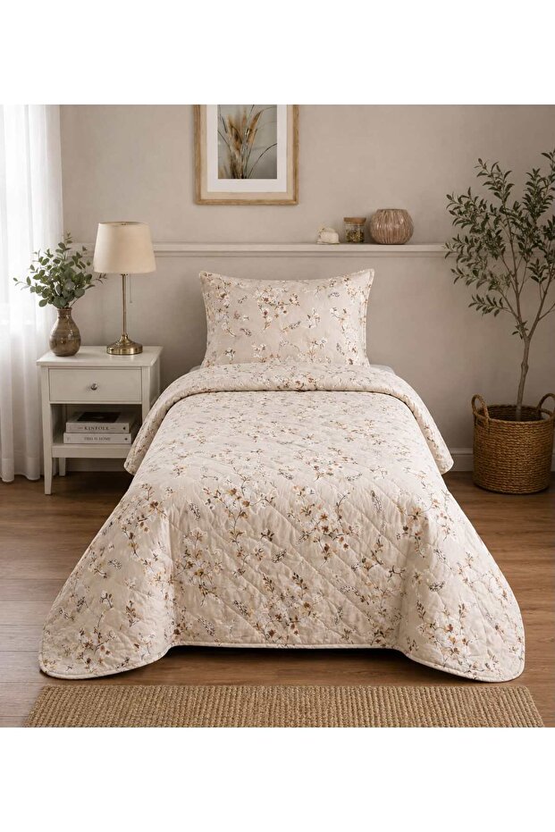 Single Floral Patterned Multi-Purpose Bedspread Quilted +2 Pillowcases + Elastic Sheets (Pique Set)