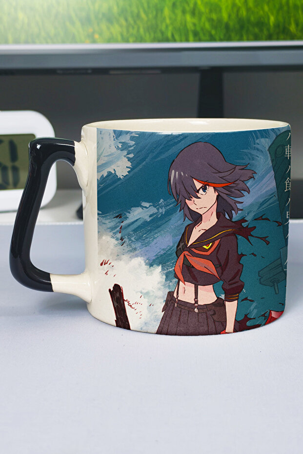 كوب سيراميك فاخر مطبوع عليه رسومات أنمي Kill la Kill (قطعة واحدة) بمقبض أسود مخصص بمقبض مموج V3D