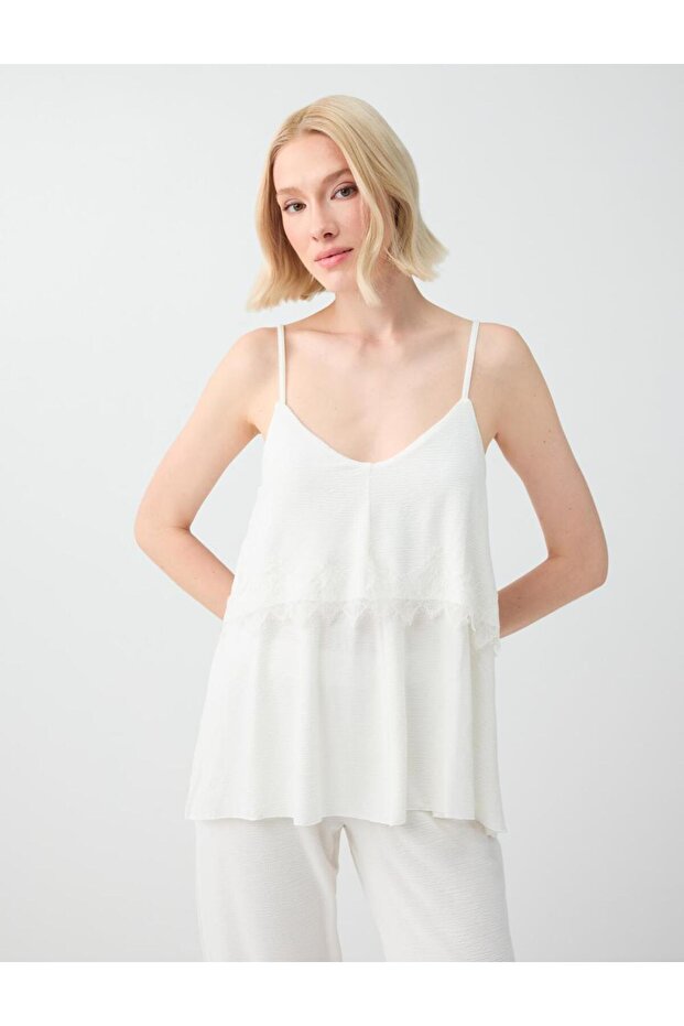 White Strappy Knitted Blouse with Lace Detail