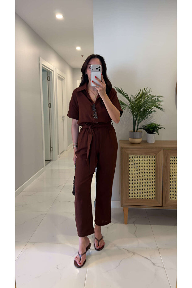 Fonle Brown Short Sleeve Belted Jumpsuit