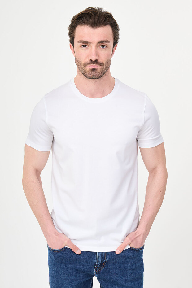 Plain Slim Fit Crew Neck 100% Cotton Short Sleeve Men's T-Shirt White - 36884.26Y