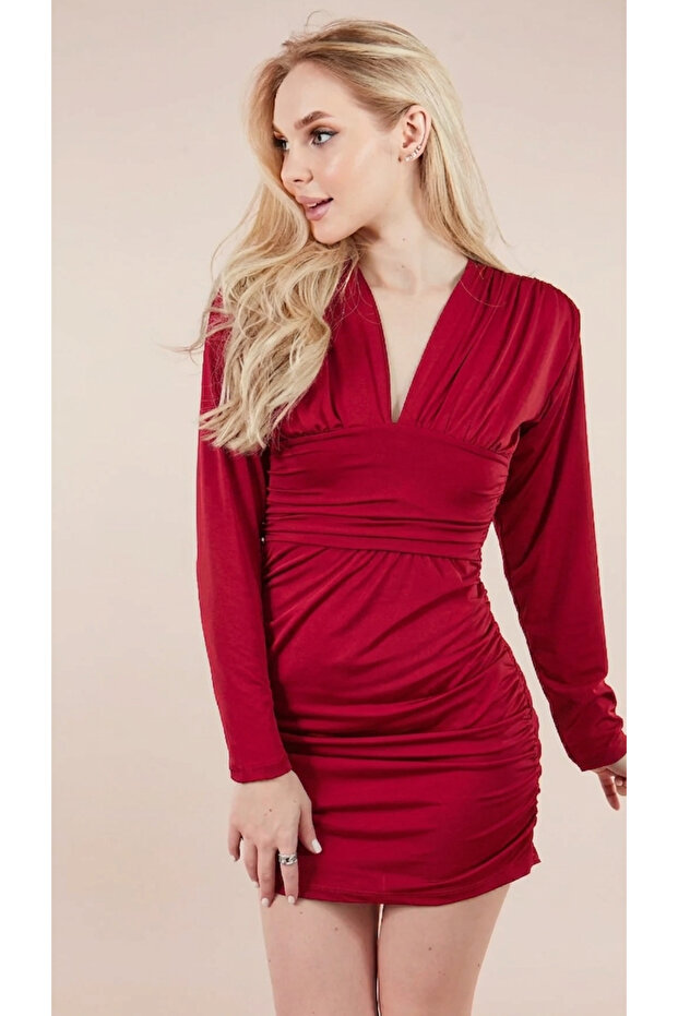Women's Deep V-Neck Gathered Mini Dress