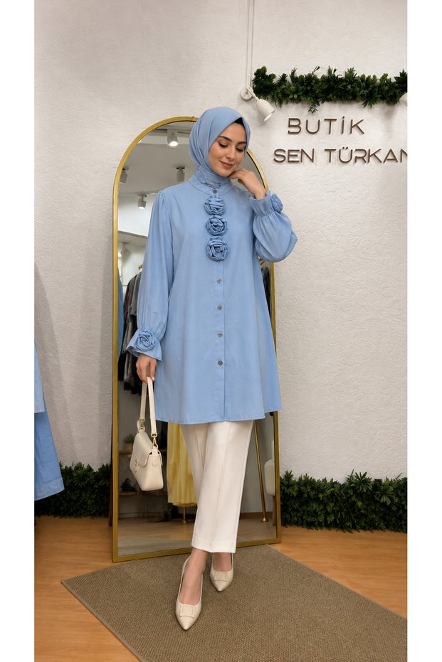 Blue Rose Detailed Judge Collar Shirt Yrn-45