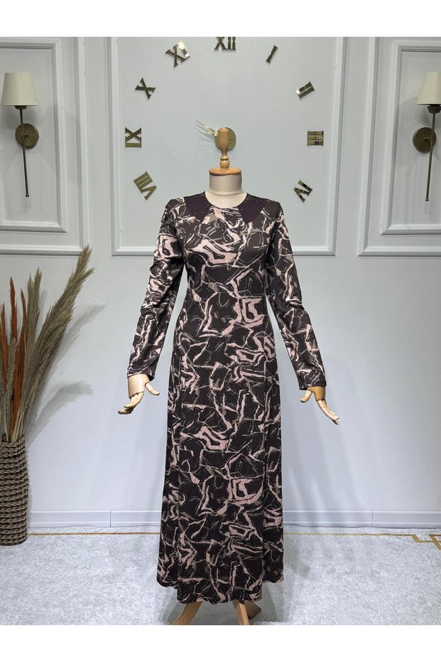 Women's New Season Collar Stone Detailed Glittery Piece Mother's Dress