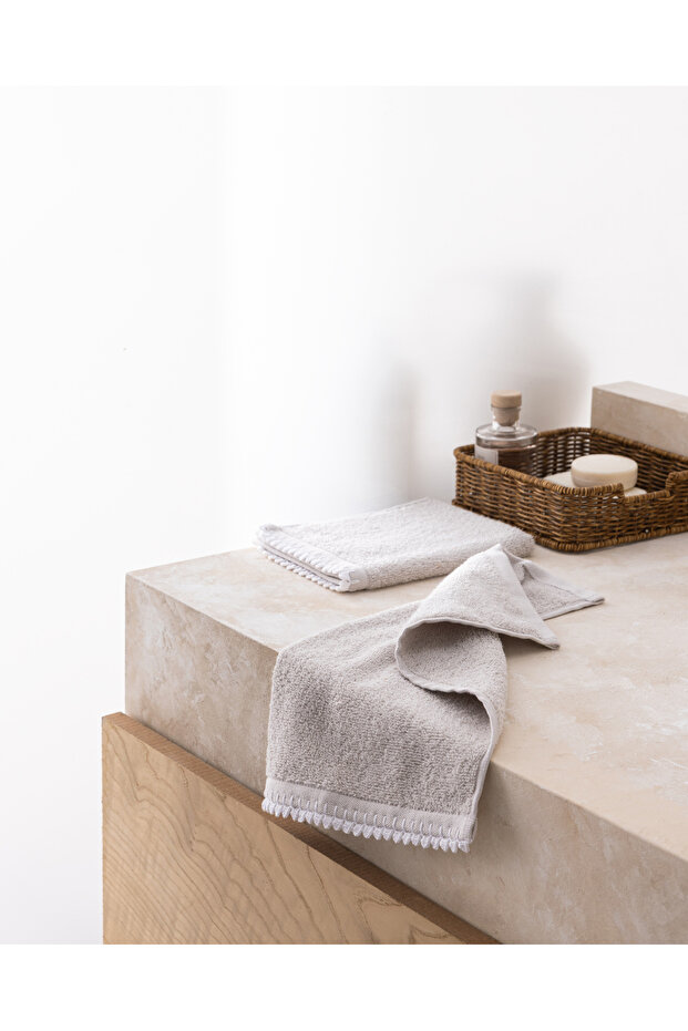 Camille 2-Piece Crochet 100% Cotton Hand Towel - Grey/White - 30X40 cm