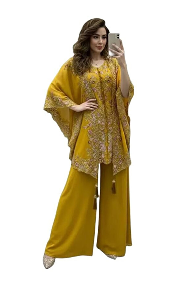 Yellow Faux Georgette Kurta Palazzo Set with Sequin Work - HRT8193 | Yellow