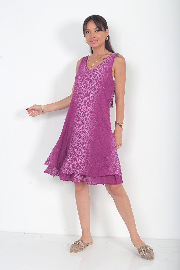 Women's Italian Cotton Leopard Patterned Lined Zero Sleeve Midi Dress