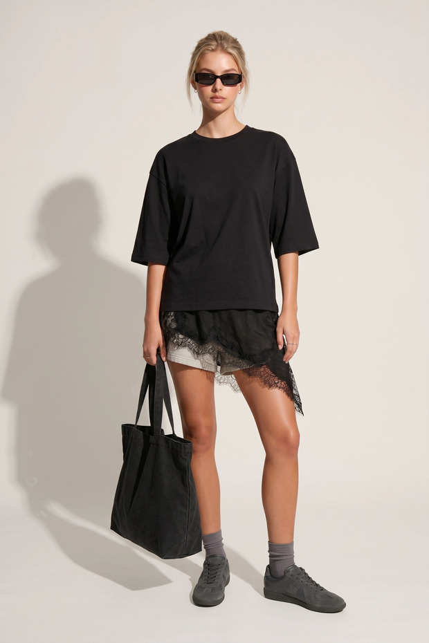 Crew Neck Oversize Asymmetrical Lace Detailed T-Shirt