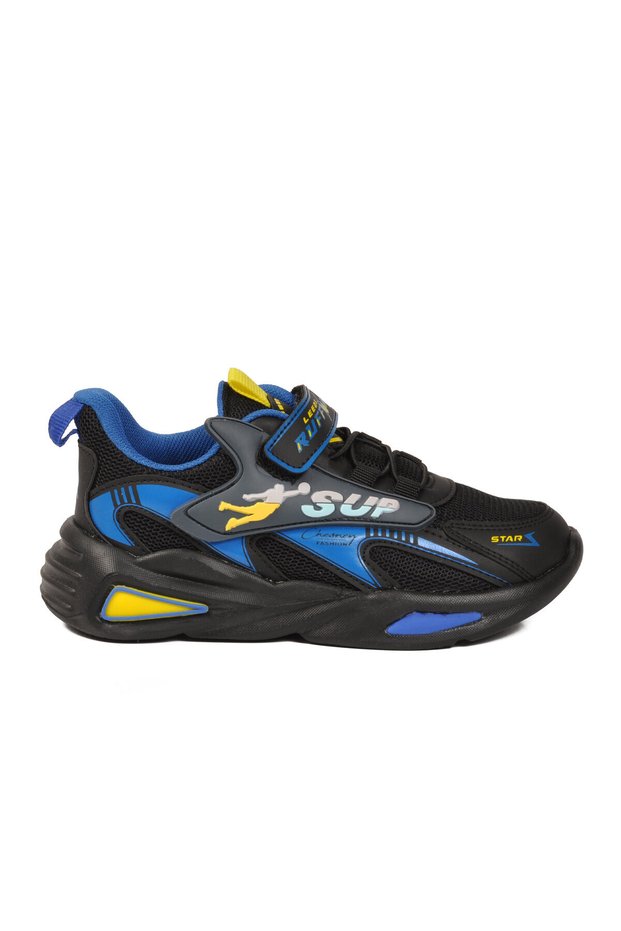 Black-Yellow-Cobalt Blue Textile Comfortable Sole Boys' Sports Shoes 2470 F