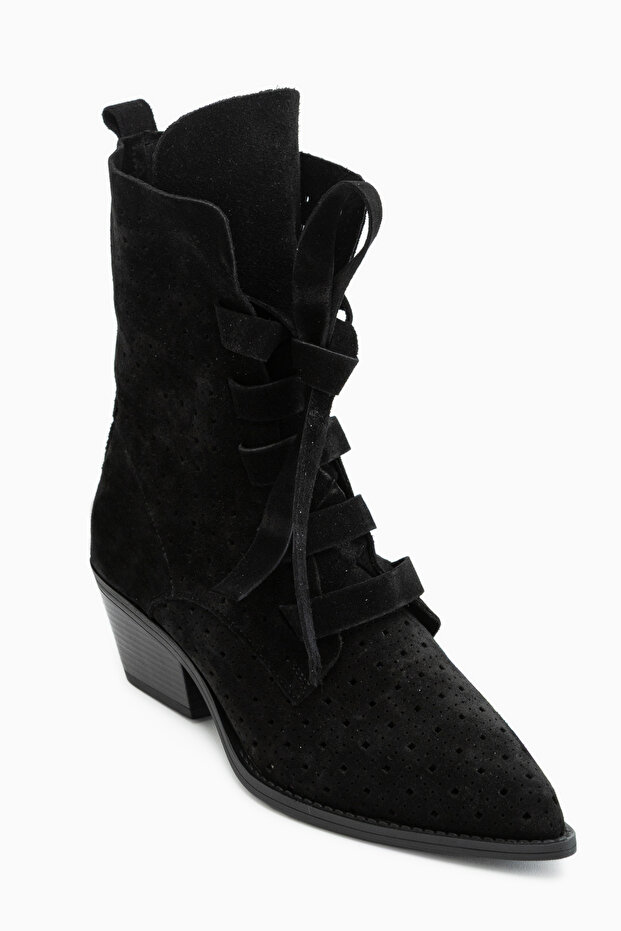 Beth Genuine Leather Black Suede Lace Detailed Summer Western Women's Boots