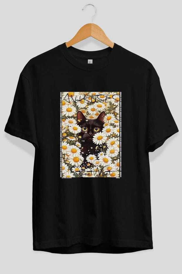 For the Sake of Cat Love 121 Front Cat Printed Black Oversize T-Shirt 100% Cotton Unisex Cat Lover Premium Design