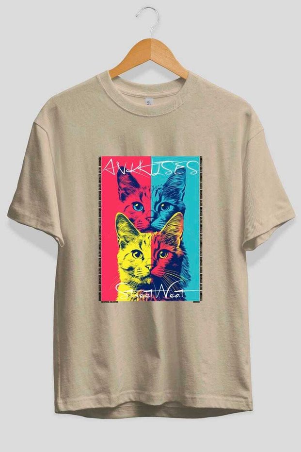 For the Love of Cats 67 Front Cat Printed Beige Oversize T-Shirt 100% Cotton Unisex Cat Lover Premium Design