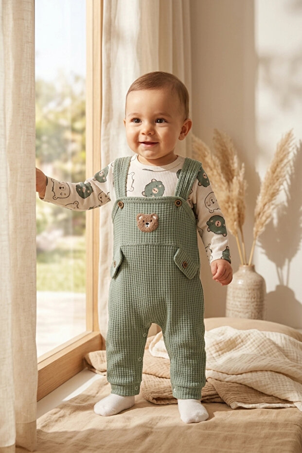 Teddy Bear Embroidered Baby Boy 3-Piece Romper Set – Bodysuit, Romper and Socks | 3-6-9 Months Get the 1 Size Up.