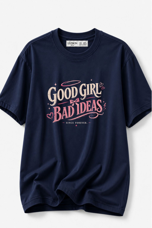 Women's Good Girl Printed Oversize 100% Cotton T-Shirt Comfortable Fit T-Shirt - Navy Blue