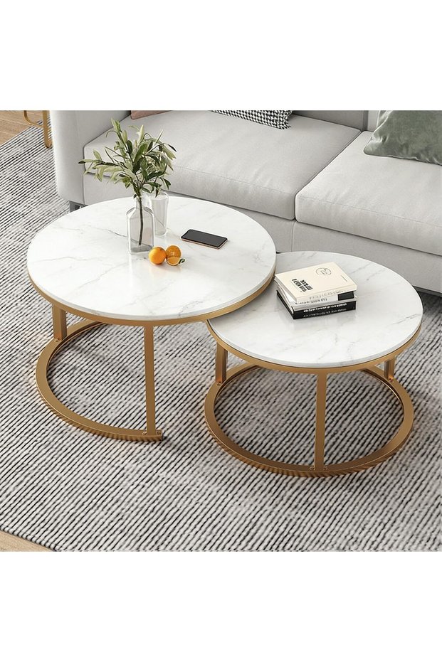 Round Marble Top Coffee Table Set of 2 Elegant Gold Metal Base Nesting Side Tables for High Grade Living Room Furniture