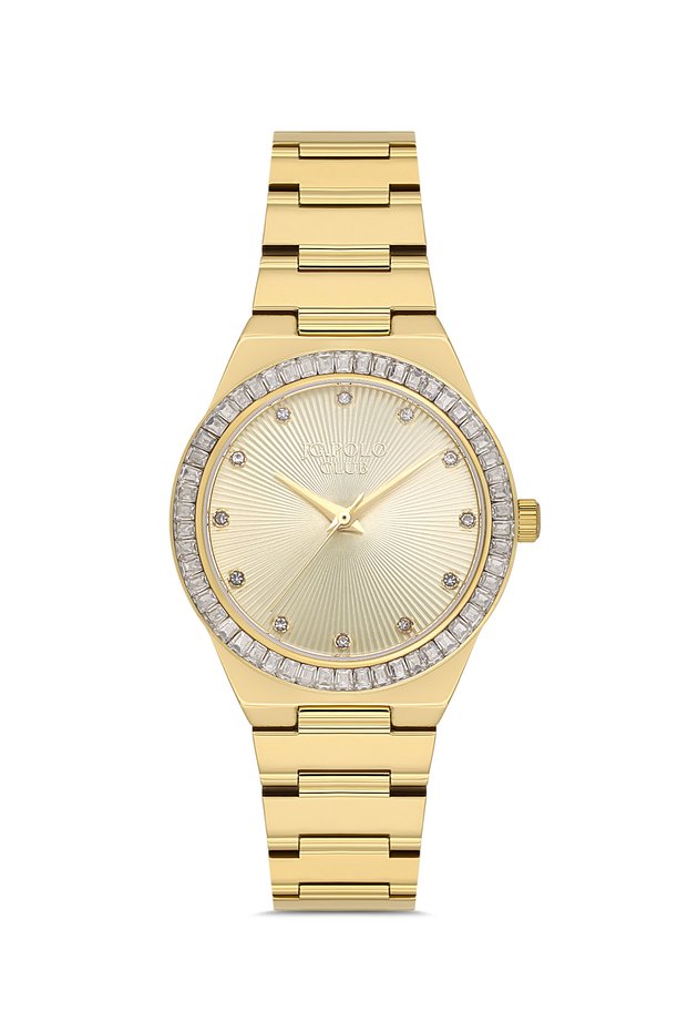 Women's Gold Metal Strap Gold Dial Stone Detailed Wristwatch with 2 Years Warranty