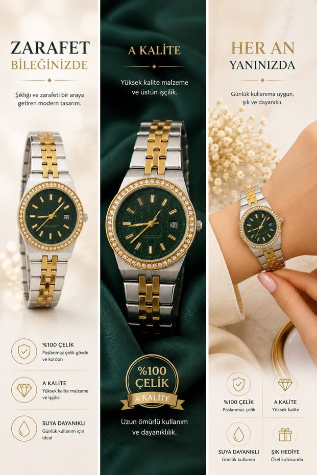 Women's Wristwatch Gold Silver Double Color Stone Detailed Gift Watch with Box