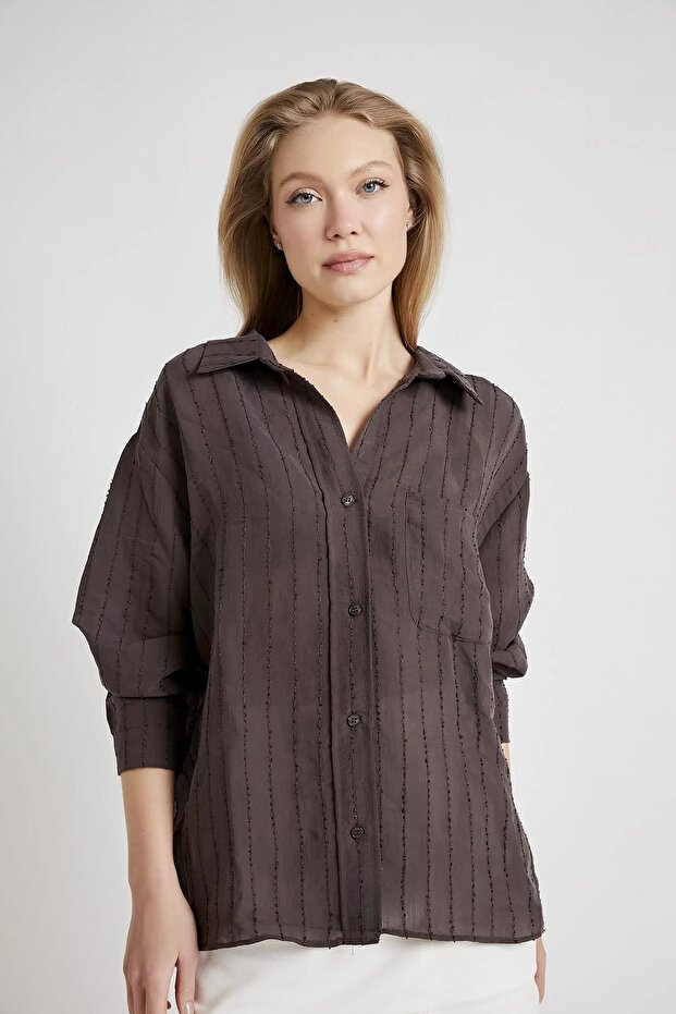 Women's Brown 3096 Glitter Striped Oversize Long Sleeve Shirt