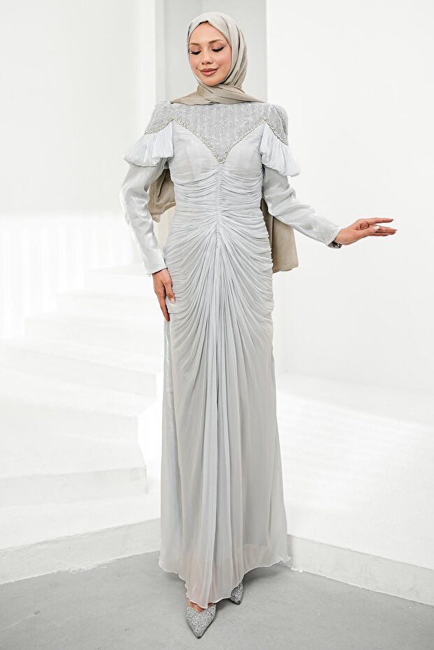 Gray Gathered Front and Shoulder Detailed Janjan Evening Dress