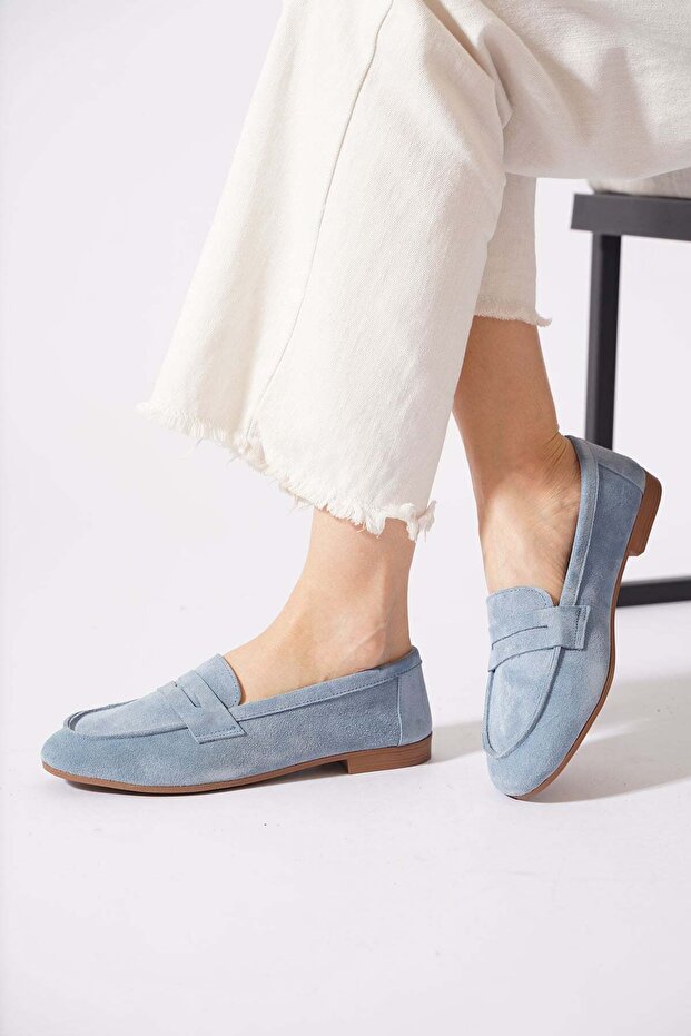 Osel Flat Belted Genuine Leather Women's Ballerinas Denim Blue Suede