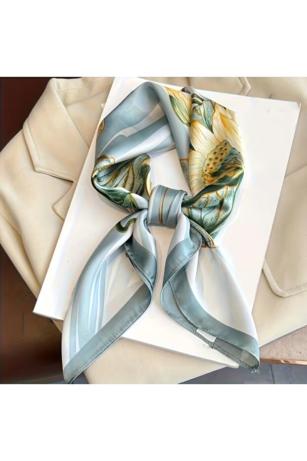 Women's Aqua Green Floral Patterned Silk-Look Scarf & Shawl