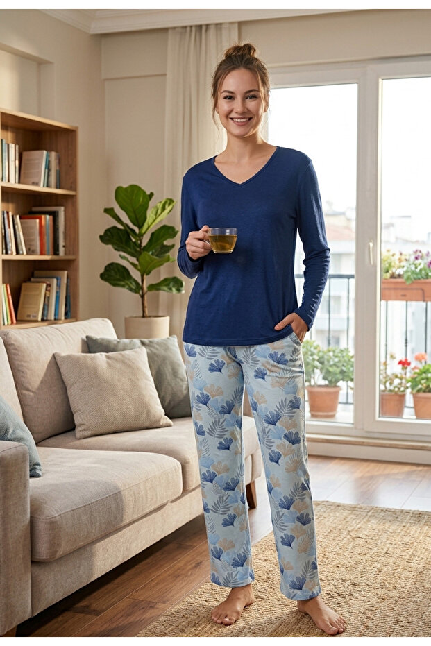 Women's V-Neck Lycra High Quality Pajama Set 100% Cotton