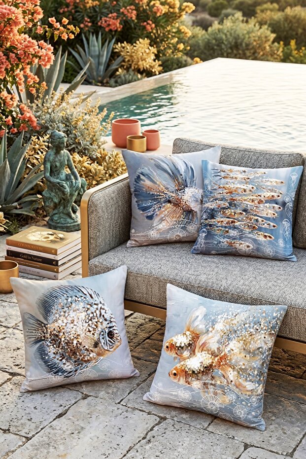 Set of 4 Throw Pillow Covers with Gold Leaf Fish Pattern
