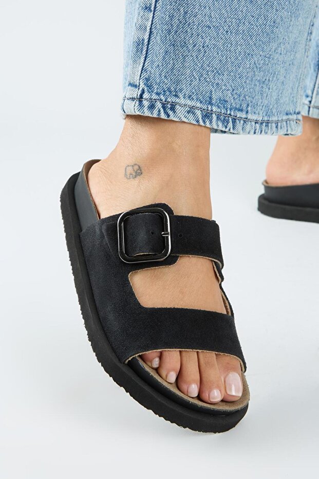 Regina Women's Genuine Leather Double Strap Single Buckle Black Slippers
