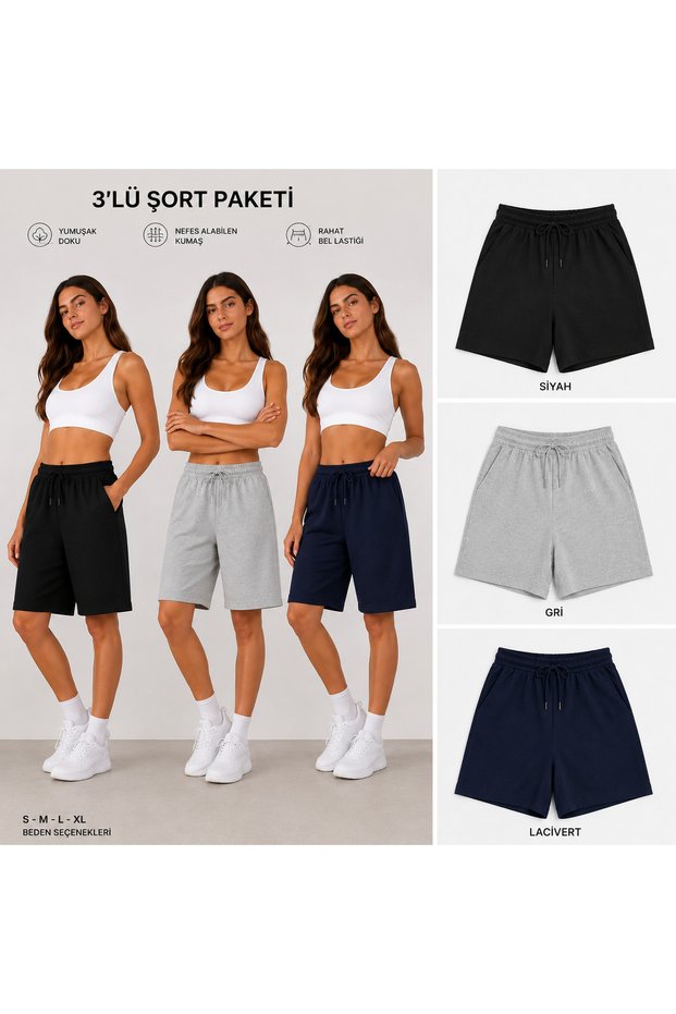 3-Piece Women's Shorts Set Black Gray Navy Blue Elastic Waist Daily Use