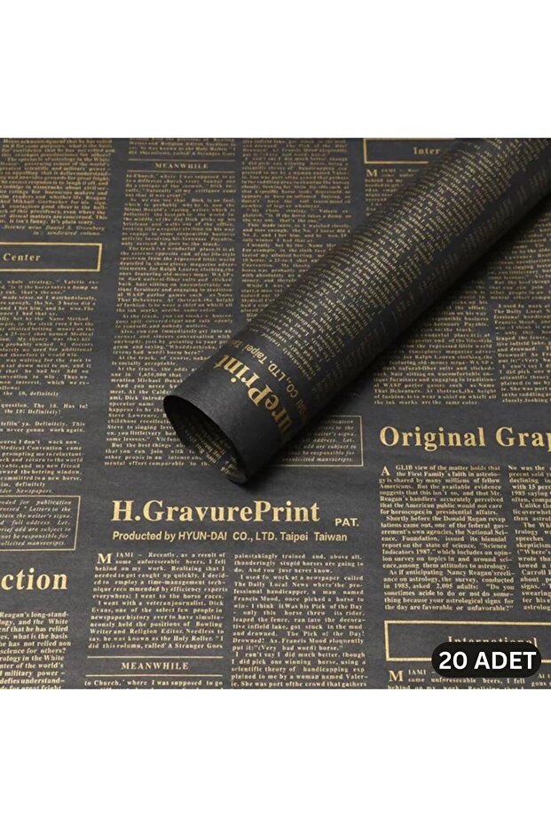 Newspaper Patterned Flower Wrapping Paper 20 Sheets, Double Printed Matte Opp Gift Bouquet Paper, Black, 57X57 cm