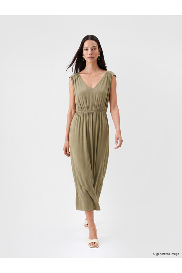 Lcwaikiki Classic Green V-Neck Textured Gathered Waist Fitted Dress
