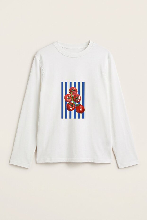 Women's Long Sleeve T-Shirt Tomato Breeze Printed White – Stretchy Fabric, Comfortable Fit, Crew Neck