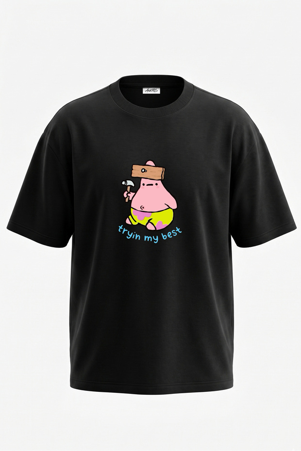 Patrick Star Design Back Printed Cotton Black Oversize T-Shirt