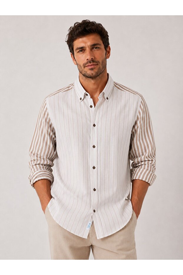 Slim Fit Long Sleeve Linen Lycra Double Pattern Pocketless Gift Boxed Men's Shirt Fs-004577 - Beige
