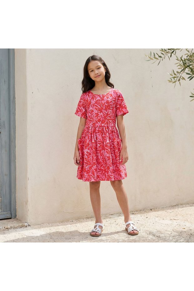 Round Neck Short Sleeves Knee Length A-line Dress with Floral Print