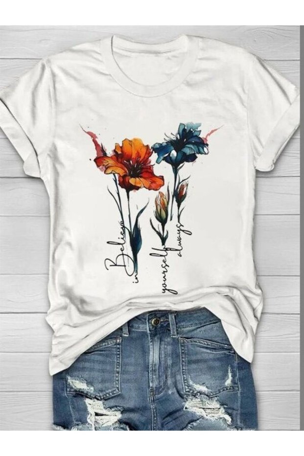 Floral Printed White Oversize T-Shirt