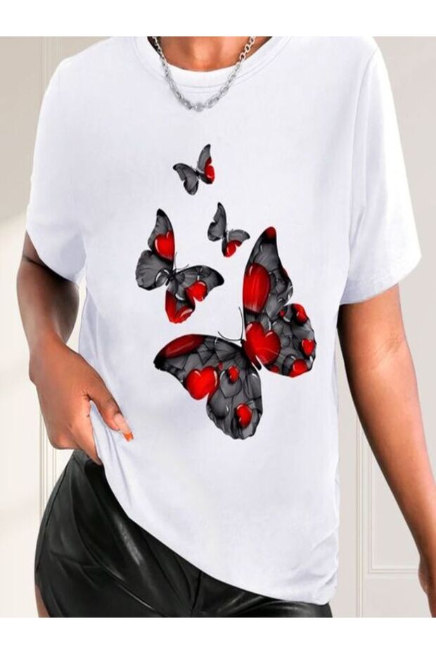 Butterfly Patterned Oversize White T-Shirt