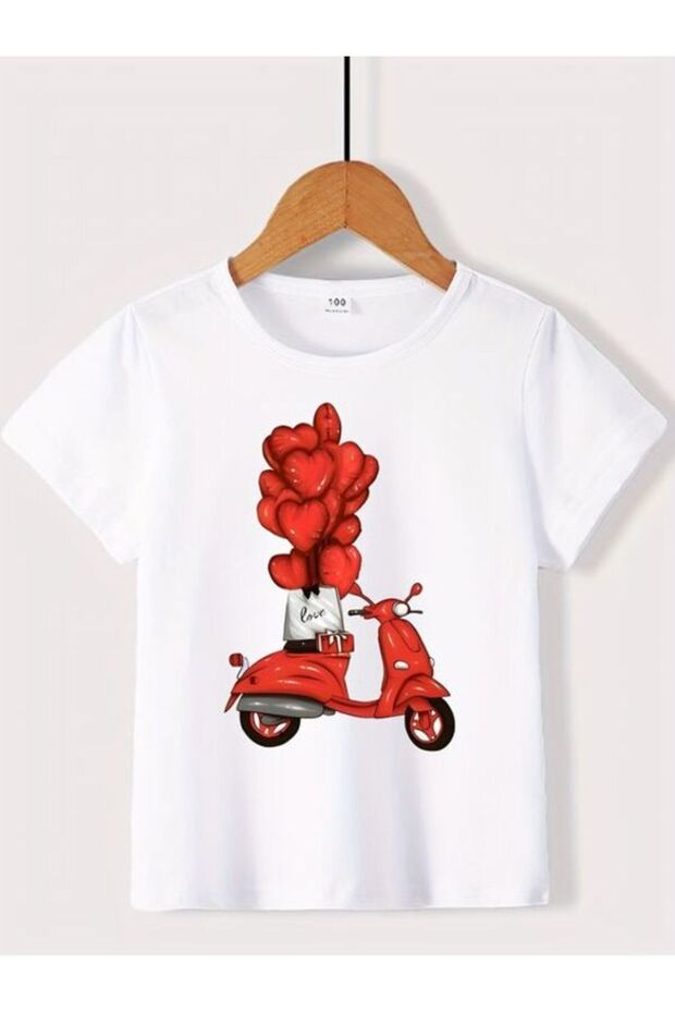 Red Scooter Printed T-Shirt with Heart Balloons