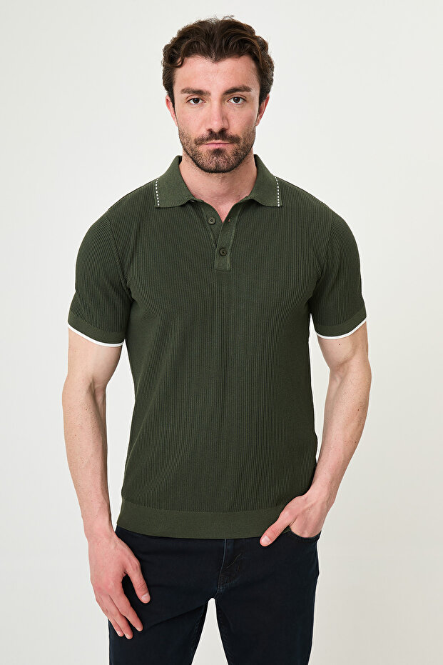 Patterned Slim Fit Polo Collar Buttoned Men's Knitwear T-Shirt Khaki - 11595.26Y