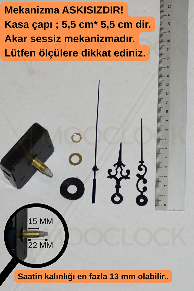 Clock Mechanism, Silent Wall Clock Mechanism, 22 mm Shaft, Scorpion-Minute-Second-(Without Hanger) Short