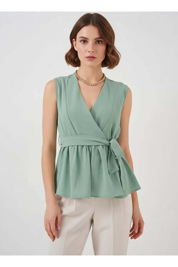 Women's Double Breasted Collar Belted Sleeveless Green Blouse