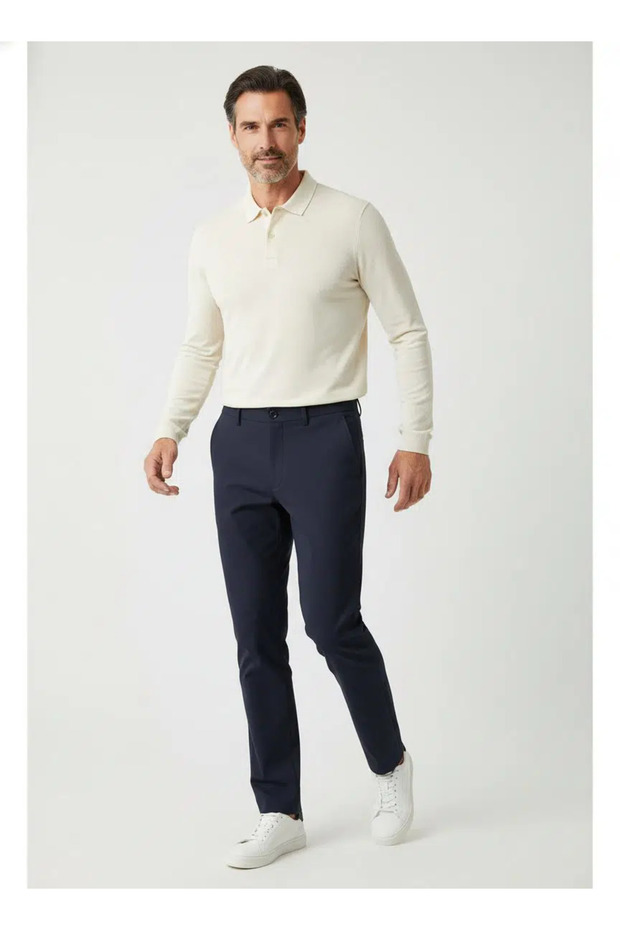 Men's Regular Fit Straight Cut Pleated Navy Blue Trousers